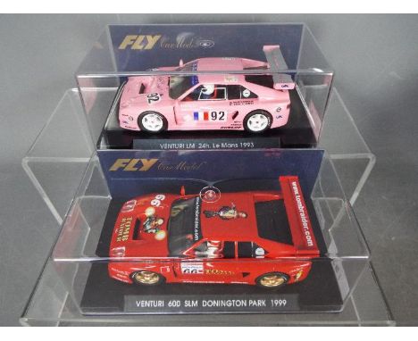 Fly - 2 x Venturi 600 SLM racing cars, # A19 1993 Le Mans car in pink, # A18 1999 Donnington Park car in red. Both cars appea