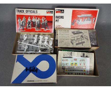 Strombecker, Monogram - Three boxed slot car trackside building plastic model kits and accessories in 1:32 scale. Lot include