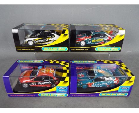 Scalextric - 4 x Ford BA Falcon race cars in various liveries. # C2615 in Caterpillar livery, # C2614 in Havoline livery, # C