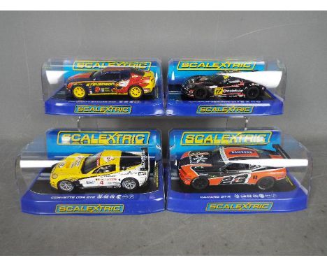 Scalextric - 4 x Chevrolet slot cars, 2 x Camaro's and 2 x Corvettes. # C3517, # C3383, # C3288, # C3381 includes Jan Magnuss