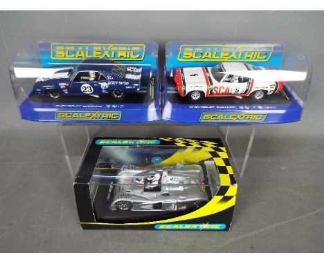 Scalextric - 2 x Chevrolet and 1 x Cadillac slot cars. # C3532 1968 Camaro Z28 Duane Winkel race car, # C3534 1972 Camaro Fra