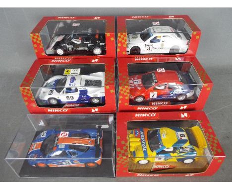 Ninco - 6 x slot cars including Alfa Romeo 155, Ferrari F50, McLaren F1 in Gulf livery and similar. # 50156, # 50169, # 50157