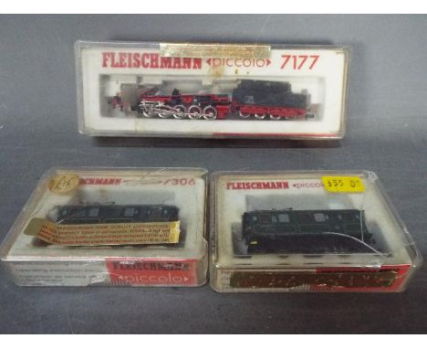 Fleischmann - Three boxed Fleischmann N gauge locomotives. Lot includes Fleischamann #7306 rack and pinion locomotive of Stut