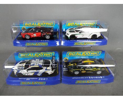 Scalextric - 4 x racing cars including 2 x Lotus Evora and 2 x Bentley Continental models. # C3504 Evora GT4 in Bullrun liver