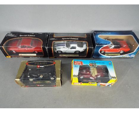 Maisto, Bburago, Solido - Five boxed diecast vehicles in 1:18 and 1:24 scale. Lot includes Solido #8081 Ford Mustang Converti