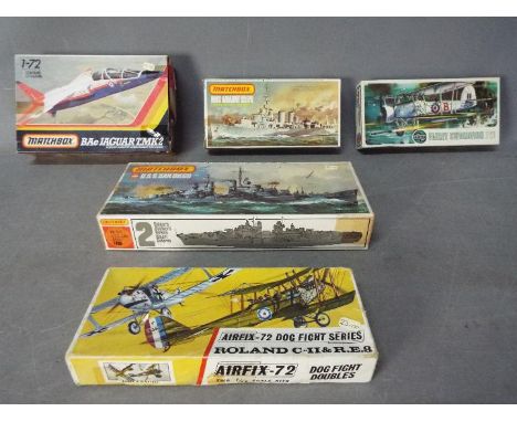 Matchbox, Airfix - Five boxed plastic model kits in various scales. Lot includes Airfix 1:72 'Dog Fight Double' Roland C-II &
