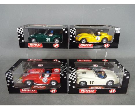 Ninco - 2 x Jaguar XK120 and 2 x Ferrari 250 TR models. # 50150 Ferrari in red, # 50151 Ferrari in yellow, # 50160 Jaguar XK1