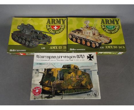 Tauro Models, Heller - Three boxed 1:35 scale military vehicle plastic model kits. Lot includes Tauro Models #101 Sturmpanzer