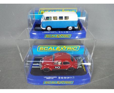 Scalextric - 2 x Volkswagens, # C3395 Camper van type 1b in blue and white and # C3484 Beetle 1960 RAC Rally car in red. Both
