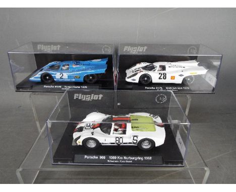 Flyslot - 3 x Porsche racing cars, # F07101 Carrera 6 in 1968 Nurburgring livery, # F11101 917K in 1970 Targa Florio livery, 