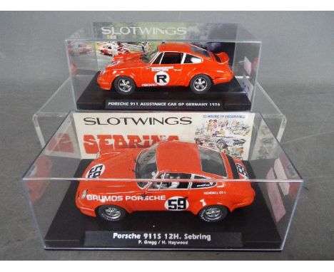 Slotwings - Two boxed 1:32 scale Porsche 911 slot cars from Slotwings. Lot consists of Slotwings W036-01 Porsche 911 Assistan