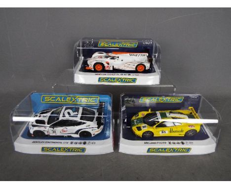 Scalextric - 3 x cars, Bentley Continental GT3 in Team Parker racing livery, McLaren F1 GTR in Harrods livery, Ginetta G60 LT