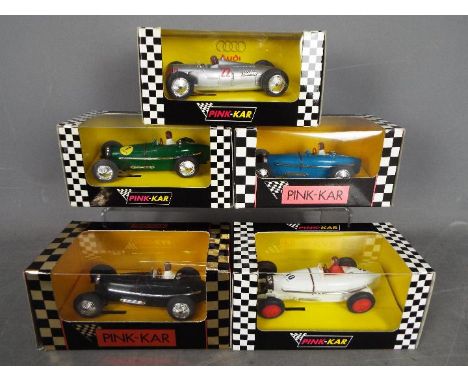 Pink-Kar - 5 x slot cars including 4 x Bugatti Type 59 models and an Auto Union Type C. # CV002 is a limited edition Bugatti 