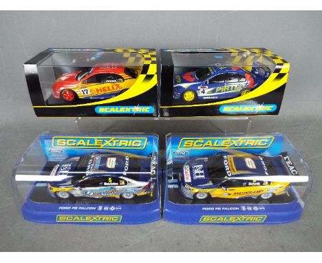 Scalextric - 4 x Ford Falcon race cars in various liveries. # C2520 in Shell livery, # C2447 in Pirtek livery, # C3077 in Dun