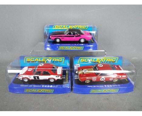 Scalextric - 3 x cars, Dodge Challenger T/A Six Pack in Panther Pink, Holden Torana L34 Brock/Sampson race car, Ford XB Falco