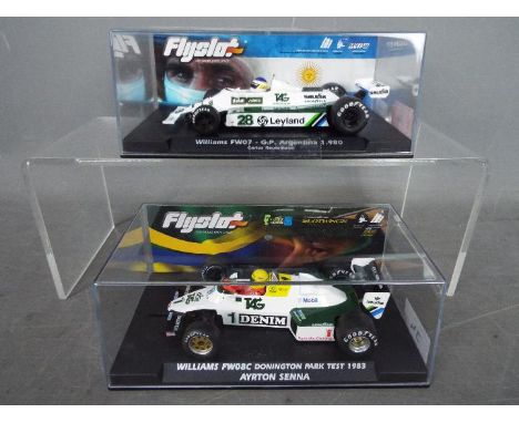 Flyslot - 2 x Williams slot cars, 1983 FW08C Ayrton Senna Donnington Park test car # W40101 and 1980 FW07 Carlos Reutemann Ar