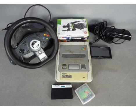 Sega - X Box 360 - Super Nintendo - Joy Tech - A mixed lot of computer gaming items including Super Nintendo console, X Box 3