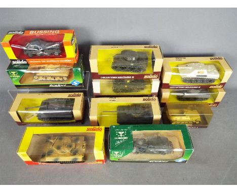 Solido - 11 x Military tanks and trucks in 1:43 scale including # 6071 General Grant tank, # 6055 Leopard tank, # 6063 Tigre 