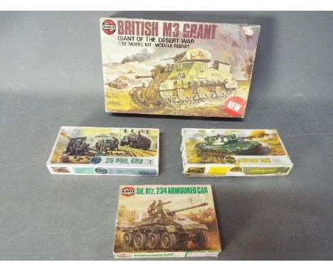 Airfix - Four boxed plastic military vehicle model kits in various scales. Lot includes Airfix OO scale #02313 25Pdr. Gun; OO