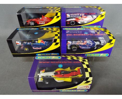 Scalextric - 5 x racing cars including an A1 GP car and 4 x Dallara Indy cars in various liveries. # C2394 in Red Bull livery