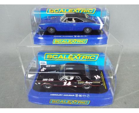Scalextric - 2 x cars, # C3535 Dodge Charger R/T in metallic blue and # C3536 Mercury Cougar in racing livery. Both cars appe