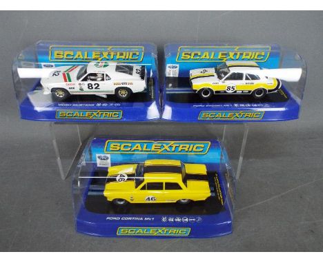 Scalextric - 3 x Classic Ford race cars including # C3489 Escort Mk1 , # C3502 Cortina Mk1, # C3538 Mustang Boss 302 in Castr