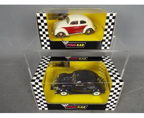 Pink-Kar - 2 x Volkswagen Beetle slot cars # CV014 1954 split window Beetle in black, # CV015 1954 split window Beetle in whi