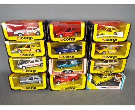 Corgi - A collection of 12 x boxed vehicles in 1:36 scale including MG Maestro # 1009, Lotus Elite # 301, Rover 3500 Police C