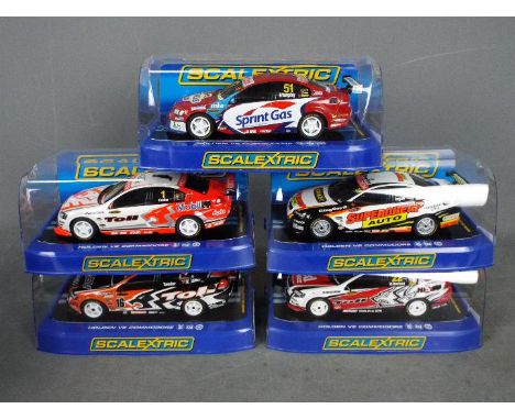 Scalextric - 5 x Holden VE Commodore race cars including # C3114 in Red Rooster livery, # C3115 in Supercheap Auto Racing liv