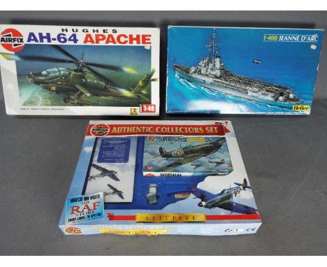 Airfix, Heller - Three boxed plastic model kits in various scales. Lot includes Airfix #07101 1:48 AH-64 Apache Helicopter; A