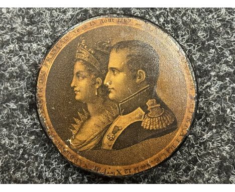 Napoleonic Printed Papier Masche Snuff Box 84mm in diameter with picture of Napoleon and Marie Louise to the lid. Black lacqu