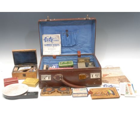 Social Interest - mid 20th century ephemera including match boxes, weighing scales, silk bookmarks, sewing equipment and tins