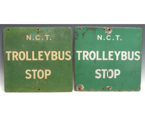 Automobilia, Transport - a rectangular double sided Nottingham Corporation Tramways enamel sign, 'N.C.T. TROLLEYBUS STOP', wh