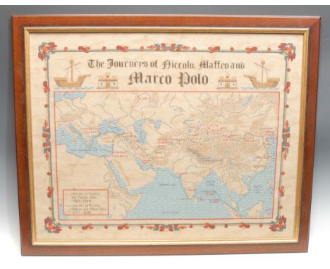 Travel and Exploration - an Arts and Crafts needlework map sampler, The Journeys of Niccolo, Maffeo and Marco Polo, worked on