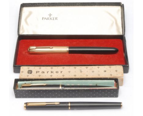 Stationery &amp; Writing Equipment - a Parker fountain pen, press close gold plated cap, 14cm long overall, associated case; 