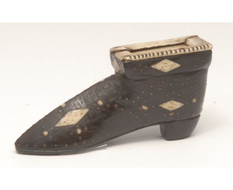 An early 19th century oak and bone novelty snuff box, as a shoe, possibly Napoleonic prisoner of war, inlaid with lozenges an