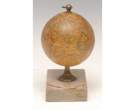 Cartography - a French terrestrial globe, by Delamarche, Paris 1838, mounted on a marble plinth, 13.5cm high overall