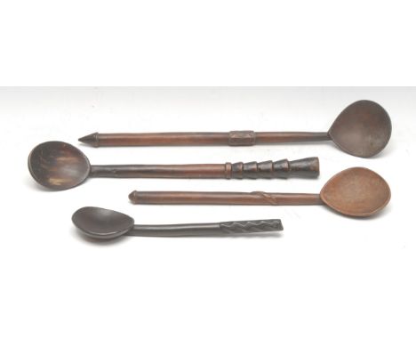 Tribal Art &amp; Treen - an assortment of four South African indigenous hardwood cooking spoons, the longest with faceted geo