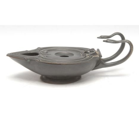 A 19th century Grand Tour type novelty mechanical oil lamp, after the antique in the Egyptian Revival taste, twin serpent han