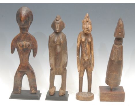 Tribal Art - a Mumuye figure, of typical elongated form, stylised features, 30cm high, Nigeria, collector's display stand; ot
