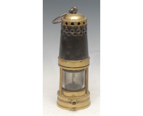 A steel and brass miner’s lamp, by Davis, Derby, 24cm high