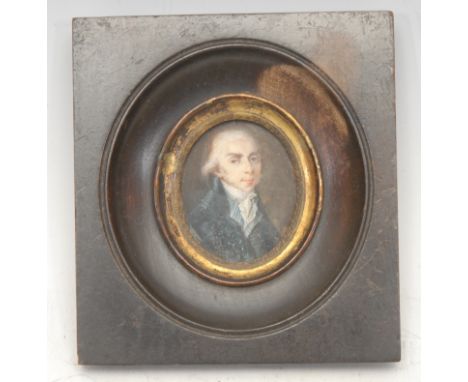 English School (19th century), a portrait miniature, of a gentleman in formal attire, watercolour on ivory, 4cm x 3cm, ebonis