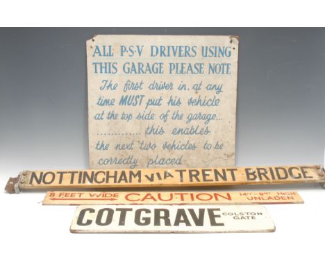 Automoblia, Transport - a wooden rectangular rotating motorbus destination sign, painted in black 'NOTTINGHAM VIA TRENT BRIDG