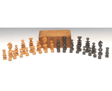 A boxwood and ebonised French Regence pattern upright chess set, weighted bases, the Kings 9cm high