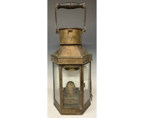 Maritime Interest - an early 20th century brass ship's lantern, by Bulpitts Ltd, Birmingham, turned carrying handle, 42cm hig