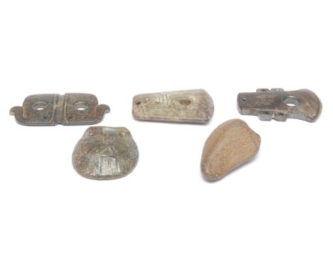 A Chinese reproduction carved jade axe head, 8.5cm; a similar buckle, 10cm; a "meteorite" fragment; others (5)