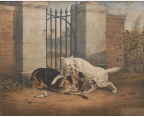 English School (19th century) Dogs Fighting Over a Bone unsigned, colour lithograph, 25cm x 30cm, maple frame