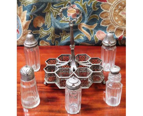 Early Victorian hallmarked silver cruet stand, plus five glass jars. Stand weight 684.6G All in used condition