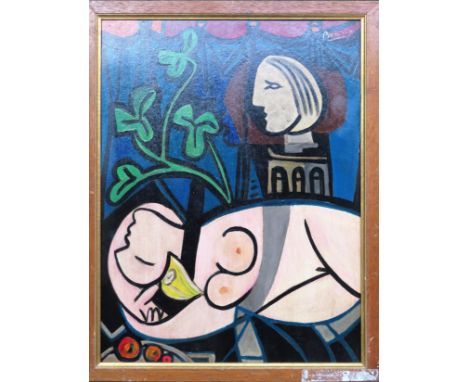 In the manner of Pablo Picasso, framed abstract oil on board. 47 x 36cm

Reasonable used condition 