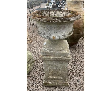 Stone pedestal planter on plinth 